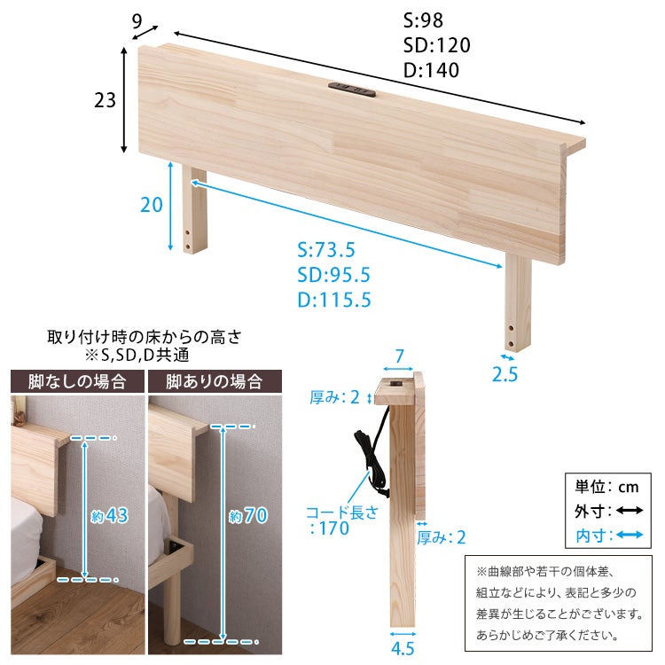 ヘッドボード 後付け 宮棚単品 コンセント付き シングル パイン材